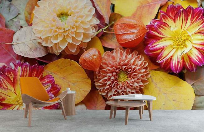 3D | Autumn Floral Bouquet Mural Non-Woven Wallpaper 1ft2 Orange, Red, Yellow 3D 3D