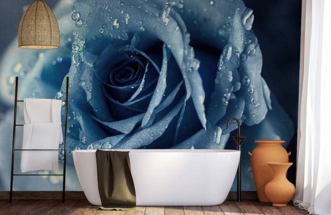 3D | Blue Dewy Rose Floral Mural Non-Woven Wallpaper 1ft2 Blue 3D 3D