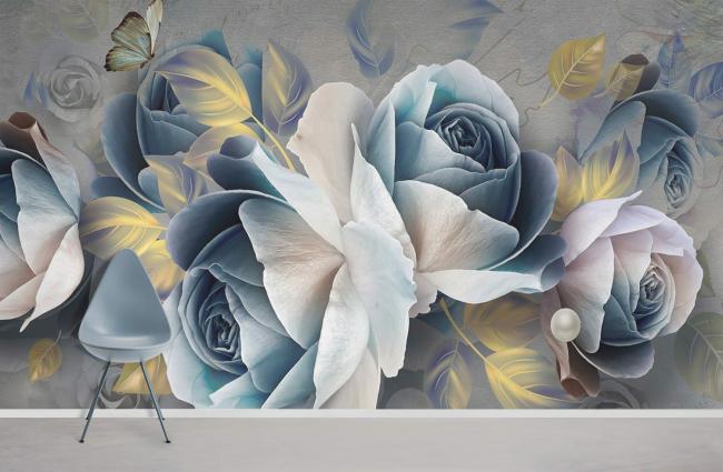 3D | Elegant Blue Floral Pearl Mural Non-Woven Wallpaper 1ft2 Blue and Grey 3D 3D