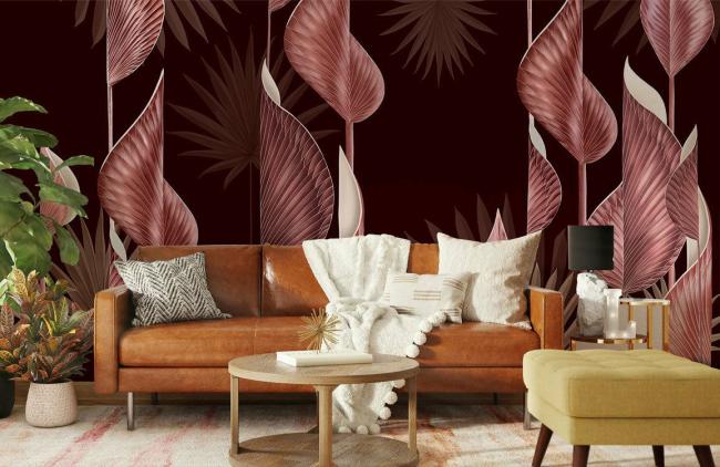 3D | Elegant Burgundy Botanical Leaf Mural Non-Woven Wallpaper 1Roll Burgundy 3D 3D