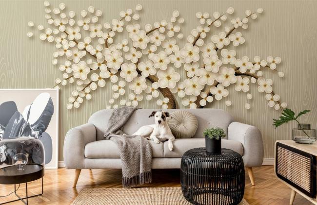 3D | Elegant Cherry Blossom 3D Mural Non-Woven Wallpaper 1ft2 Beige 3D 3D