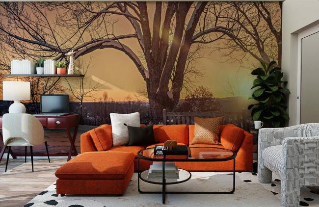 3D | Sunset Glow Winter Tree Mural Non-Woven Wallpaper 1ft2 Orange 3D 3D