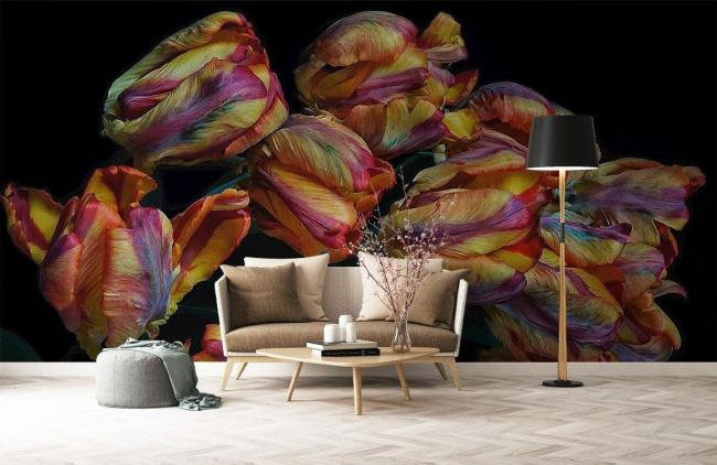 3D | Vibrant Tulips Floral Bedroom Mural Non-Woven Wallpaper 1ft2 Purple, Yellow, Red 3D 3D