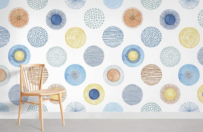 Abstract | Abstract Circular Geometric Blue Mural Non-Woven Wallpaper 1Roll Blue, Yellow, Neutral Abstract Abstract