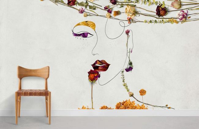 Abstract | Abstract Floral Line Art Mural Non-Woven Wallpaper 1ft2 Beige Abstract Abstract