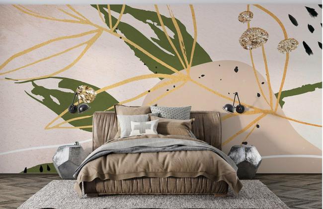 Abstract | Abstract Gold Leaf Botanical Mural Non-Woven Wallpaper 1ft2 Beige Abstract Abstract