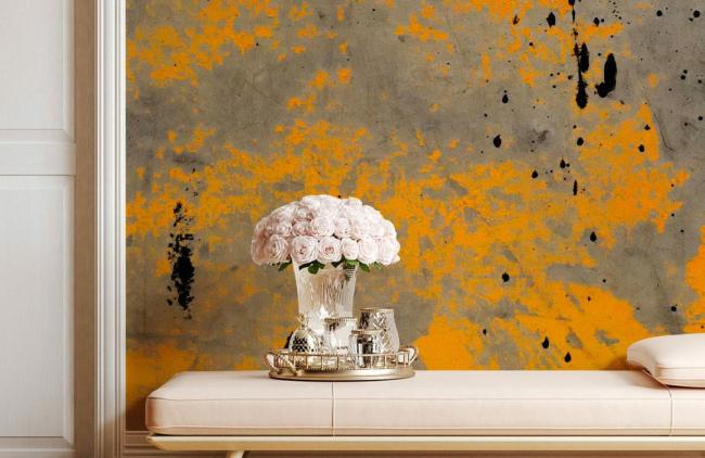 Abstract | Abstract Orange Splatter on Grey Mural Non-Woven Wallpaper 1ft2 Grey and Orange Abstract Abstract