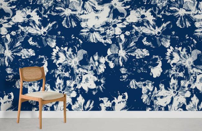 Abstract | Blue Floral Brushstroke Mural Non-Woven Wallpaper 1ft2 Navy and White Abstract Abstract