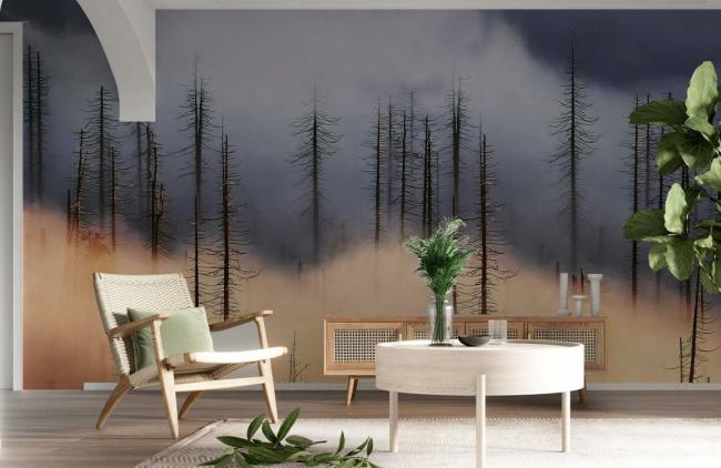 Abstract | Misty Forest Dawn Landscape Non-Woven Wall Mural 1ft2 Orange and Grey Abstract Abstract