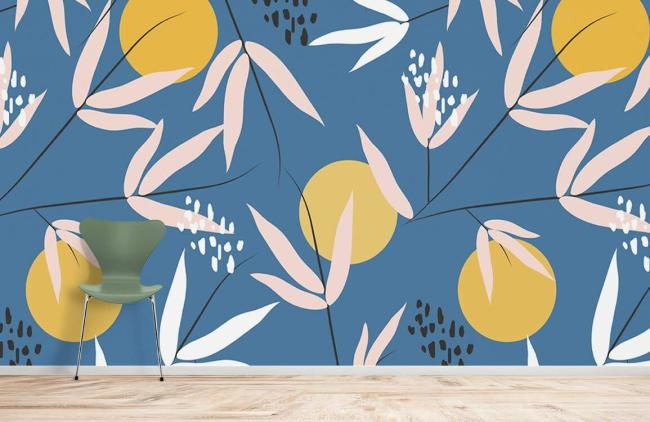 Abstract | Modern Navy Botanical Leaf Mural Non-Woven Wallpaper 1ft2 Navy and Yellow Abstract Abstract