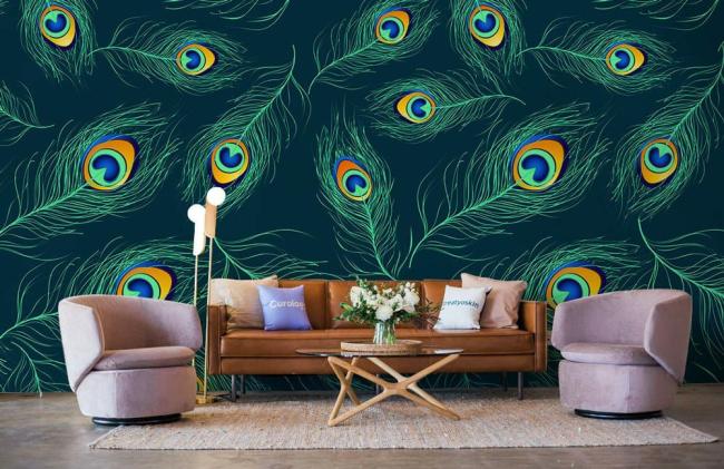 Abstract | Vibrant Peacock Feather Pattern Non-Woven Wall Mural Non-Woven Wallpaper 1ft2 Navy Abstract Abstract