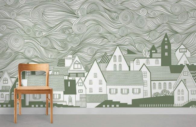 Abstract | Whimsical Line Art Village Mural Non-Woven Wallpaper 1ft2 Grey Abstract Abstract