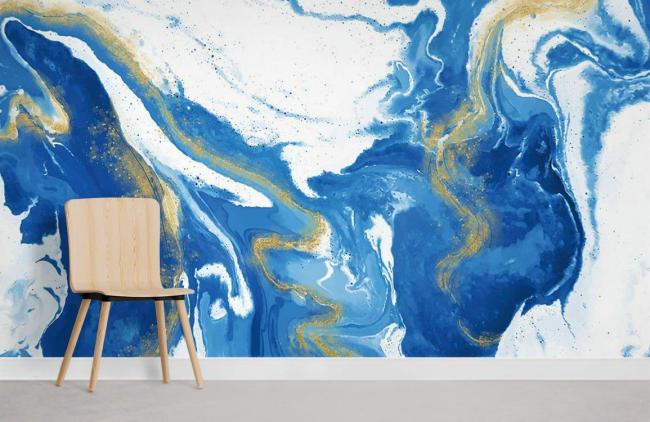 Art Decor | Blue Gold Marbled Abstract Mural Non-Woven Wallpaper 1ft2 Navy and Gold Art Decor Art Decor