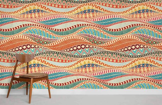 Art Decor | Boho Chic Geometric Wave Mural Non-Woven Wallpaper 1Roll Orange, Teal, Beige Art Decor Art Decor