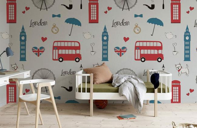 Art Decor | Charming London Icons Kid’s Mural Non-Woven Wallpaper 1Roll Blue and White Art Decor Art Decor