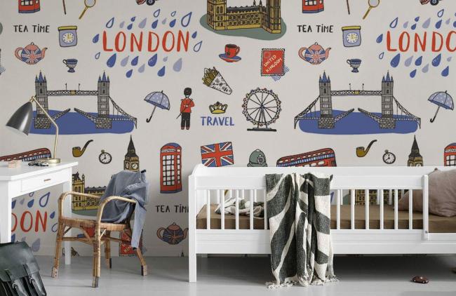 Art Decor | Chic London Travel Illustrative Mural Non-Woven Wallpaper 1Roll Blue and White Art Decor Art Decor