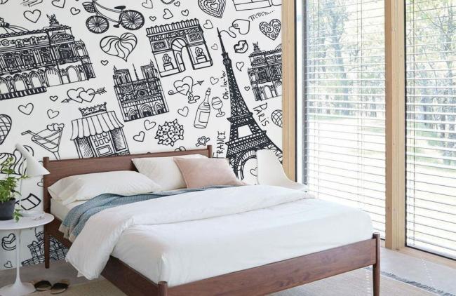 Art Decor | Chic Parisian Doodle Monochrome Mural Non-Woven Wallpaper 1Roll black and white Art Decor Art Decor