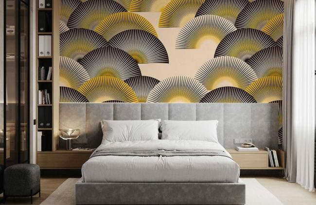 Art Decor | Geometric Fan Pattern Luxury Mural Non-Woven Wallpaper 1ft2 Beige, Gold, Black Art Decor Art Decor