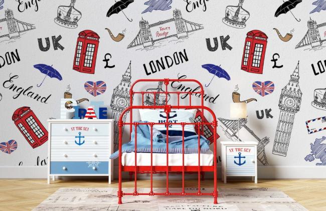 Art Decor | London Icons Sketch Style Mural Non-Woven Wallpaper 1Roll Red and Blue on White Art Decor Art Decor