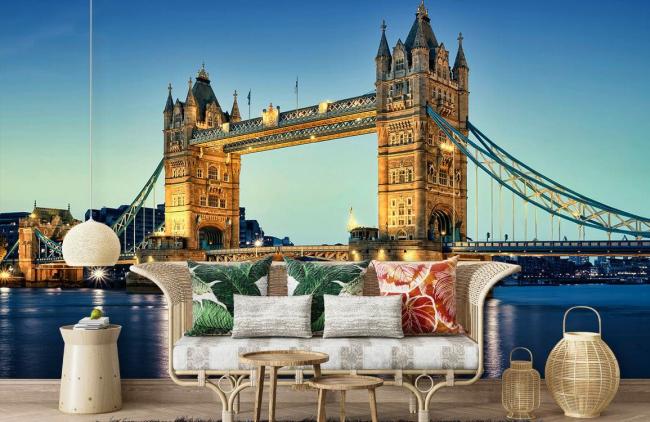 Art Decor | Majestic Tower Bridge Evening Mural Non-Woven Wallpaper 1ft2 Blue and Gold Art Decor Art Decor