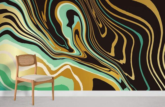 Art Decor | Modern Abstract Gold Swirl Mural Non-Woven Wallpaper 1ft2 Gold, Emerald Green, Black Art Decor Art Decor