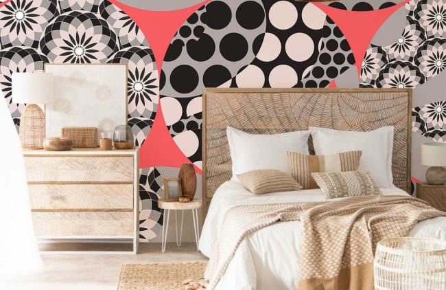 Art Decor | Modern Black Grey Geometric Mural Non-Woven Wallpaper 1ft2 Black and Grey with Coral Accents Art Decor Art Decor