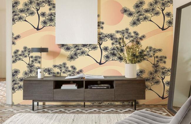 Art Decor | Pink Botanical Tree Mural Non-Woven Wallpaper 1Roll Pink and Black Art Decor Art Decor