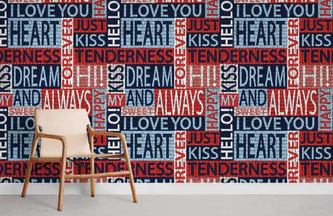 Art Decor | Romantic Typography Modern Mural Non-Woven Wallpaper 1Roll Red, Blue and White Art Decor Art Decor