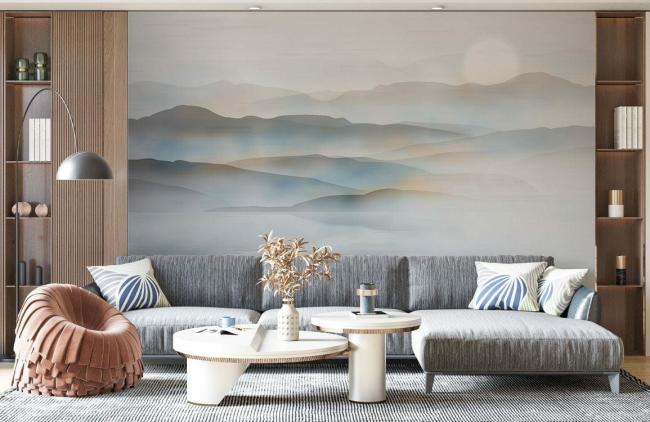 Art Decor | Serene Mountain Lake Sunrise Mural Non-Woven Wallpaper 1ft2 Blue and White Art Decor Art Decor