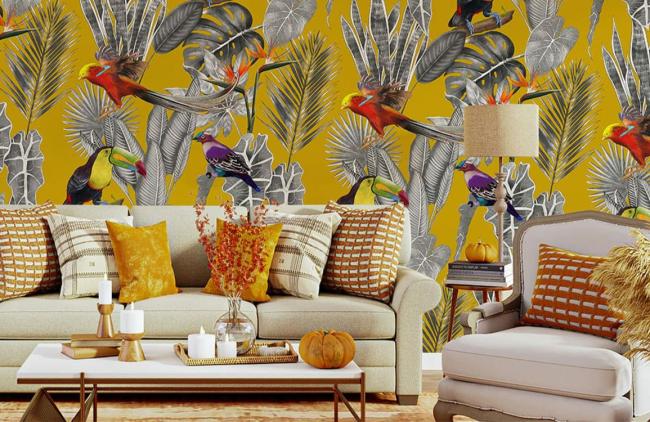 Art Decor | Tropical Bird Yellow Botanical Mural Non-Woven Wallpaper 1Roll Yellow Art Decor Art Decor