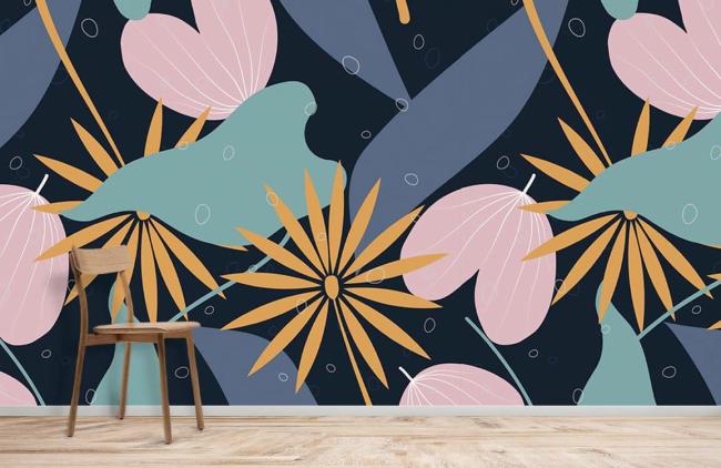 Art Decor | Tropical Floral Geometric Navy Mural Non-Woven Wallpaper 1ft2 Navy Art Decor Art Decor