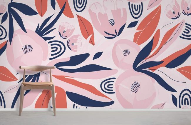 Art Decor | Vibrant Floral Botanical Mural Non-Woven Wallpaper 1ft2 Pink and Navy Art Decor Art Decor