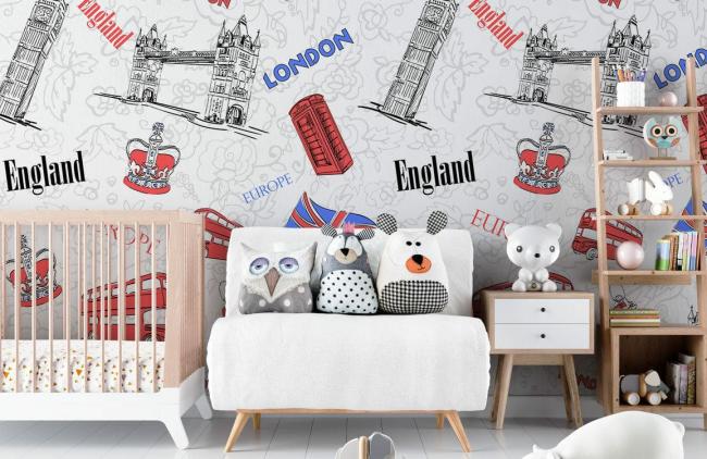 Art Decor | Vintage London Landmarks Illustration Mural Non-Woven Wallpaper 1Roll Red and Grey Art Decor Art Decor