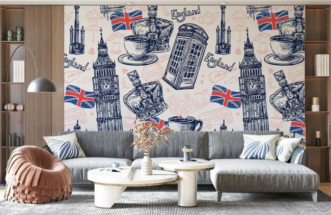 Art Decor | Vintage London Sketches Mural Non-Woven Wallpaper 1Roll blue and white Art Decor Art Decor