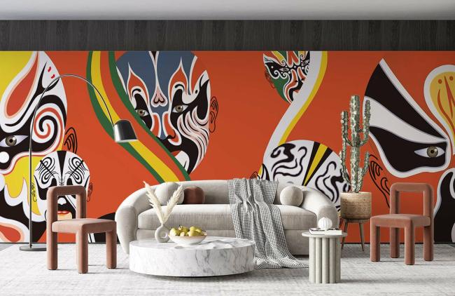 Chinoiserie | Abstract Artistic Face Illustration Mural Non-Woven Wallpaper 1ft2 Orange Chinoiserie Chinoiserie