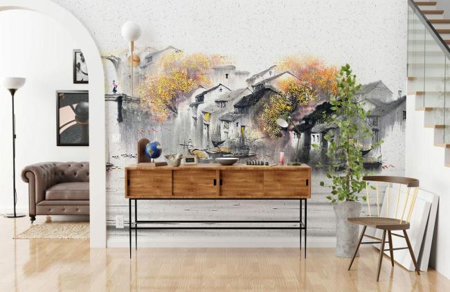 Chinoiserie | Autumn Watercolor Village Landscape Mural Non-Woven Wallpaper 1ft2 Neutral Chinoiserie Chinoiserie