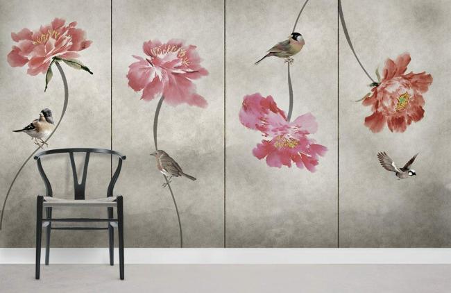 Chinoiserie | Elegant Floral Bird Watercolor Mural Non-Woven Wallpaper 1ft2 Pink Chinoiserie Chinoiserie