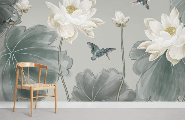 Chinoiserie | Elegant Lotus Floral Nature Mural Non-Woven Wallpaper 1ft2 Grey and Beige Chinoiserie Chinoiserie