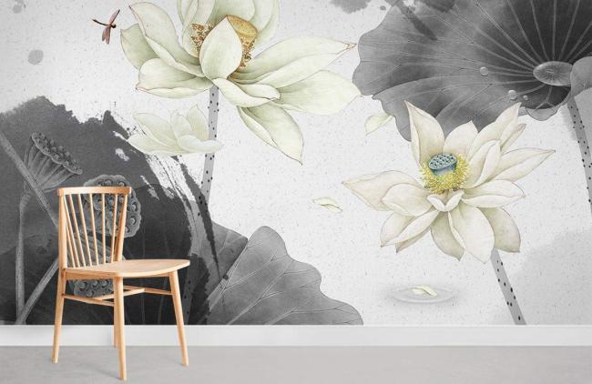 Chinoiserie | Elegant Lotus Floral Watercolor Mural Non-Woven Wallpaper 1ft2 Grey and White Chinoiserie Chinoiserie