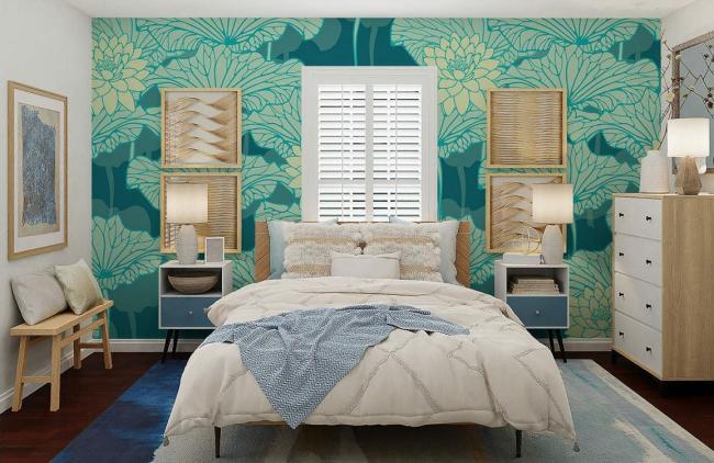 Chinoiserie | Emerald Green Botanical Lotus Mural Non-Woven Wallpaper 1ft2 Emerald Green Chinoiserie Chinoiserie