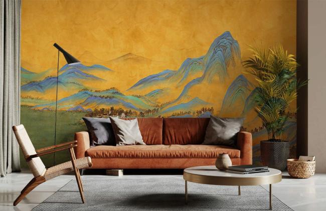 Chinoiserie | Golden Oriental Landscape Mural Non-Woven Wallpaper 1ft2 Gold Chinoiserie Chinoiserie