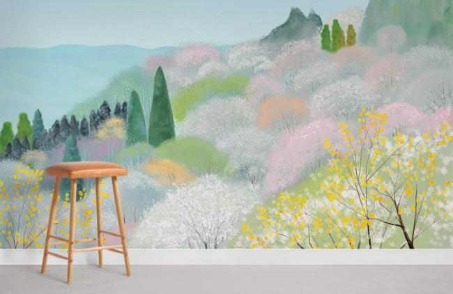 Chinoiserie | Pastel Watercolor Landscape Mural Non-Woven Wallpaper 1ft2 Pastel Multi-color Chinoiserie Chinoiserie