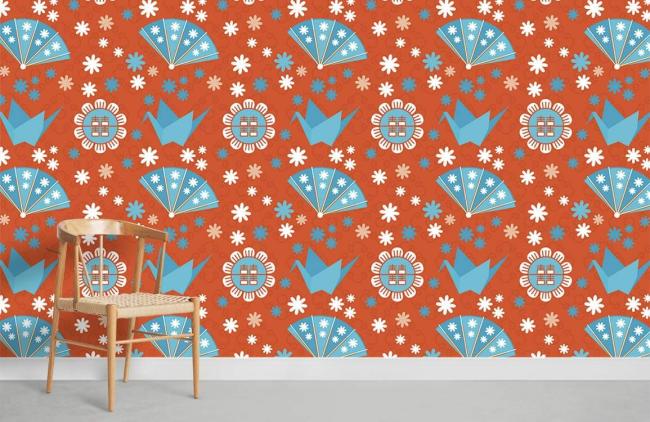 Chinoiserie | Retro Blue Origami Floral Mural Non-Woven Wallpaper 1Roll Orange and Blue Chinoiserie Chinoiserie