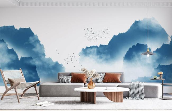 Chinoiserie | Serene Blue Mountain Mist Mural Non-Woven Wallpaper 1ft2 Blue Chinoiserie Blue