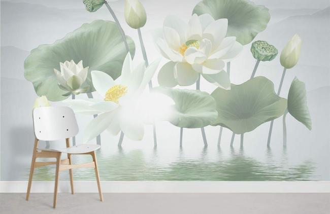 Chinoiserie | Serene Lotus Watercolor Floral Mural Non-Woven Wallpaper 1ft2 Green and White Chinoiserie Chinoiserie