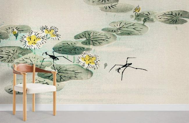 Chinoiserie | Serene Water Lily Pond Mural Non-Woven Wallpaper 1ft2 Beige Chinoiserie Beige