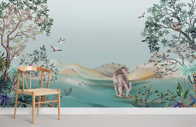 Chinoiserie | Tropical Jungle Leopard Scenic Mural Non-Woven Wallpaper 1ft2 Teal Chinoiserie Chinoiserie