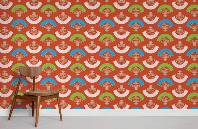 Chinoiserie | Vibrant Geometric Fan Pattern Mural Non-Woven Wallpaper 1Roll Orange Chinoiserie Chinoiserie