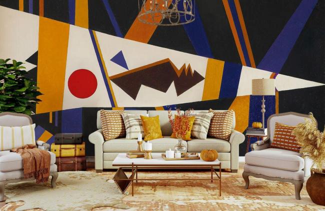 Famous Painting | Art Deco Geometric Pattern Mural Non-Woven Wallpaper 1ft2 Navy and Gold Design & Art Famous Painting