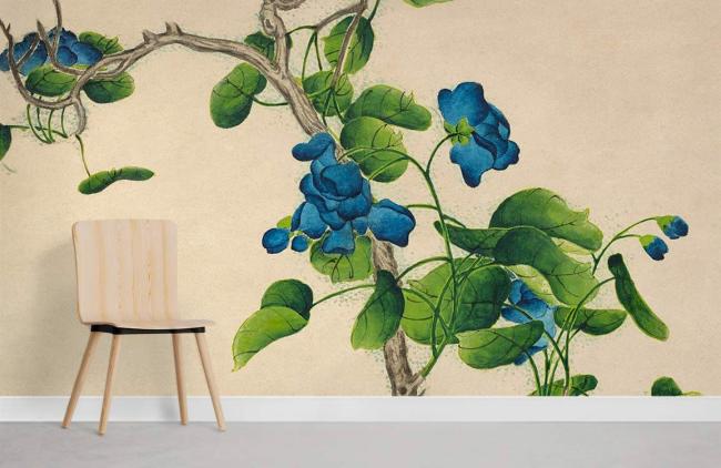 Famous Painting | Blue Floral Botanical Vintage Non-Woven Wallpaper Mural 1ft2 Blue and Beige Design & Art Blue & Beige